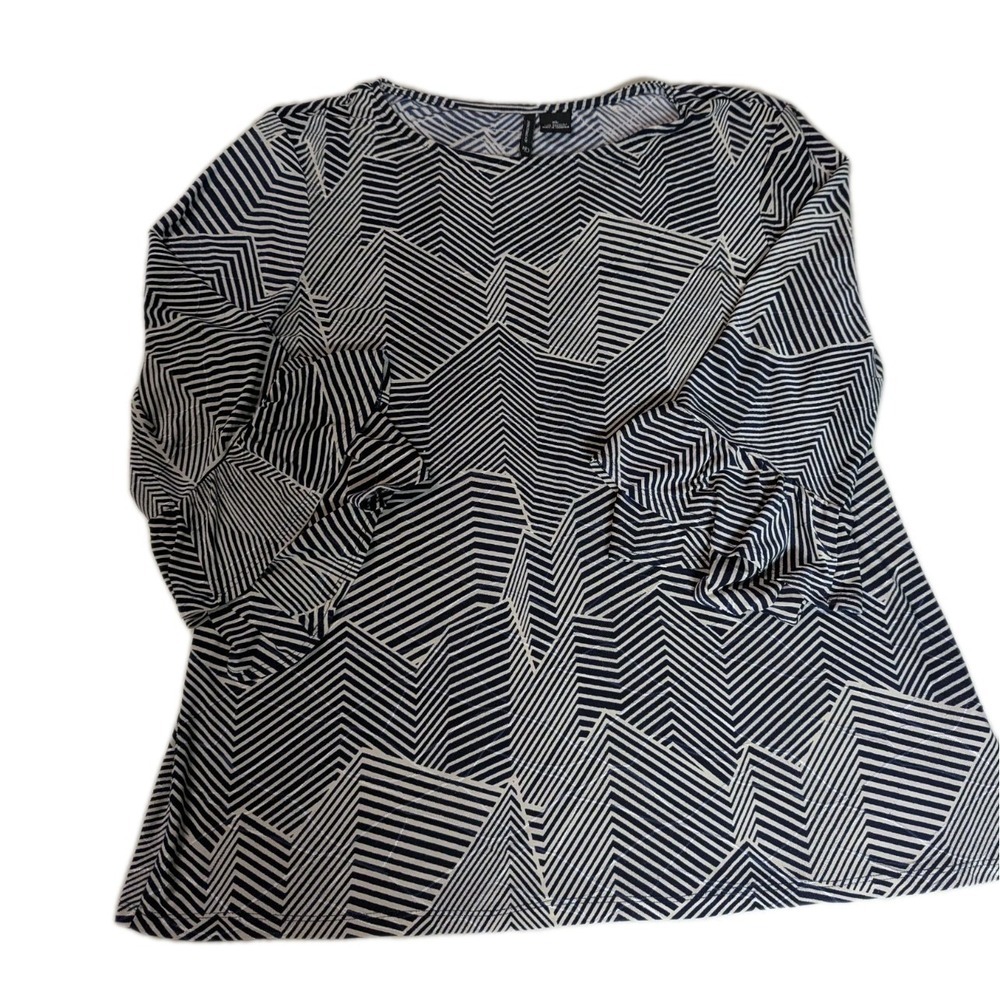 New Directions Women's XL Geometric Print Top Ruffle Sleeve Blouse Black Beige